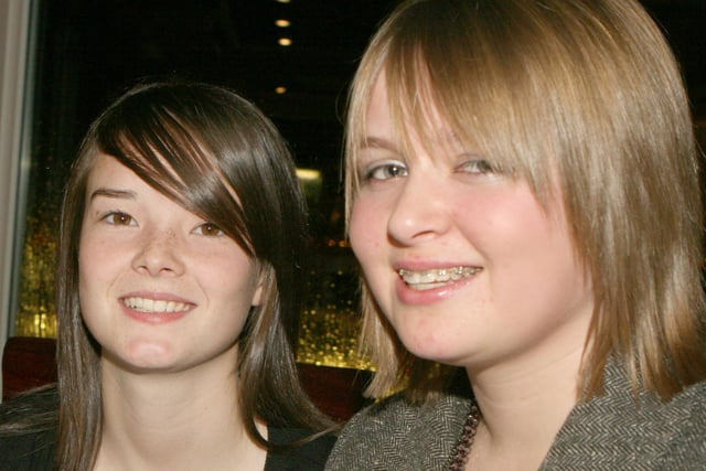 Charlotte Taylor and Laura McCurdy pictured at the Finvoy YFC dinner at the Royal Court Hotel in Portrush in 2007. Pic Kevin McAuley