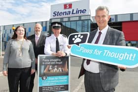 DAERA Minister Edwin Poots is pictured with (L-R) Deputy Lord Mayor Michelle Kelly, Graeme Mutter, HMRC and Inspector Ashley Wright, Belfast Harbour Police as they launch a new crackdown on puppy smuggling.