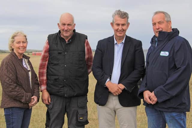 Pictured at the NI Aberdeen Angus Club's Open Day in Tyrella are, from left, club chairperson Hylda Mills; host farmer Oisin Murnion; Agriculture Minister Edwin Poots; and John Best, Loughans Herd, Poyntzpass. Picture: Julie Hazelton