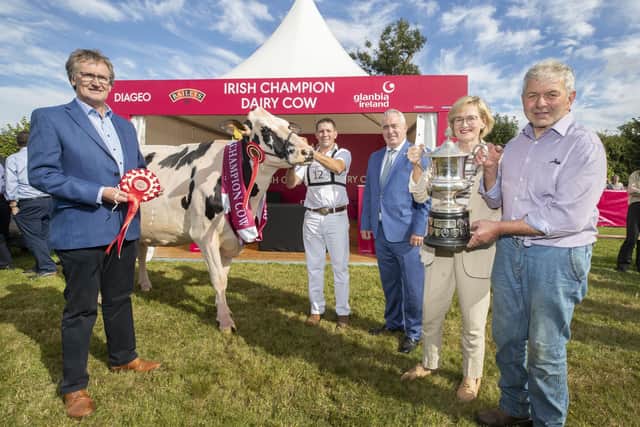 Pictured at the 2022 Diageo Baileys Champion Cow at the Virginia Show are John Murphy, Chairman Glanbia Ireland, John McCormick, Robert Murphy, Head of Baileys Operations, EU Commissioner Mairead McGuinness and Sam McCormick owner of Hilltara Undenied Apple VG89 who is the 2022 overall champion as well as Junior Cow winner.
 Picture: Finbarr O'Rourke
