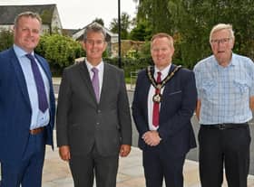 Rural Affairs Minister Edwin Poots is pictured with Cllr Kyle Savage, SOAR Chairperson, Lord Mayor of Armagh City, Banbridge and Craigavon, Councillor Paul Greenfield, and Harris Jones, Chair of Waringstown together at a recent visit to the public realm scheme in Waringstown.