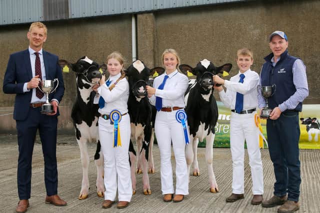 Top three handlers on the day were Ava Montgomery, Champion, Lauren Henry, Reserve Champion and James Gregg, Honourable Mention, pictured with Dennis Torrens, WWS, sponsor and David Hodgson, judge