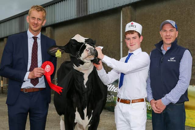 Callum Reid, Drumbo gained first place in the senior handler class. Pictured with Dennis Torrens, WWS, sponsor and David Hodgson, judge