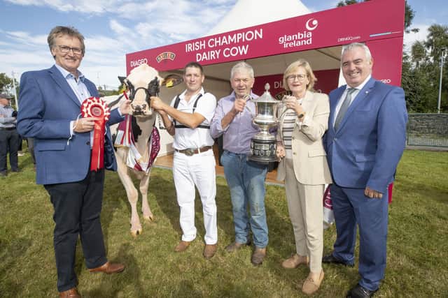 24/8/22
PIctured at the 2022 Diageo Baileys Champion Cow at the Virginia Show are John Murphy, Chairman Glanbia Ireland, John and Sam McCormick owner of Hilltara Undenied Apple VG89 who is the 2022 overall champion as well as Junior Cow winner, with EU Commissioner Mairead McGuinness and Robert Murphy, Head of Baileys Operations.
Picture:  Finbarr Oâ€TMRourke
NO REPRO FEE