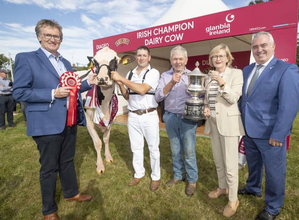 24/8/22PIctured at the 2022 Diageo Baileys Champion Cow at the Virginia Show are John Murphy, Chairman Glanbia Ireland, John and Sam McCormick owner of Hilltara Undenied Apple VG89 who is the 2022 overall champion as well as Junior Cow winner, with EU Commissioner Mairead McGuinness and Robert Murphy, Head of Baileys Operations.Picture:  Finbarr Oâ€TMRourkeNO REPRO FEE