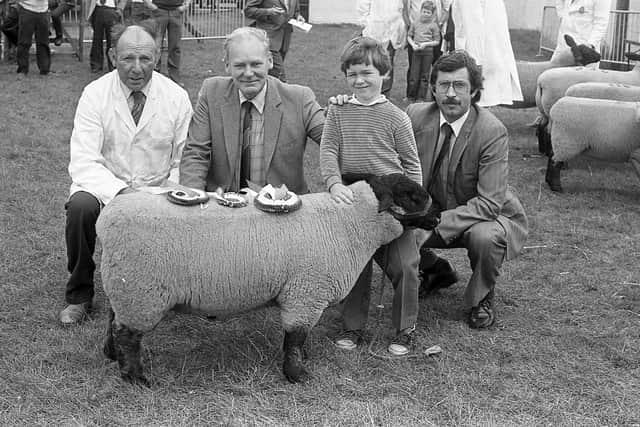 Mr Wilson McCracken from Rasharkin, Ballymena, pictured in August 1982 with his Suffolk ram lamb champion, held by his grandson, Alastair Morrison, at the breed show and sale at Balmoral. Alson in the picture are Mr Brian Smyth, manager of the Ballymena branch of the Bank of Ireland, who presented the sponsorship prizes, and Mr Lowry Cunnigham, agricultural advisor, Bank of Ireland. Picture: Farming Life/News Letter archives