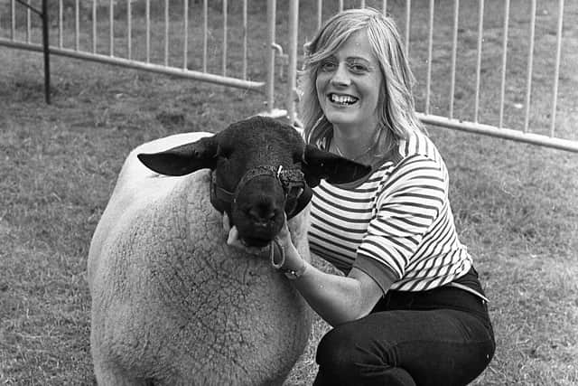 Janet Boles from Lylehill, Templepatrick, pictured in August 1982 with one of the prize-winning Suffolk rams of David Duncan, Largy Road, Crumlin, which made the second highest price of 520gns at the breed show and sale at Balmoral. Picture: Farming Life/News Letter archives