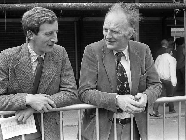 Mr John Kidd and Mr Robert Mulligan, both of Banbridge, pictured in August 1982 at the Suffolk sheep judging at the breed show and sale at Balmoral. Picture: Farming Life/News Letter archives