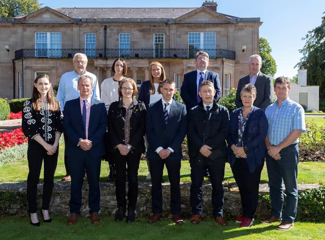 Rising cost industry taskforce in-person attendees at 5 September meeting. Front row L-R: Gill Gallagher (NIGTA), Paul McHenry (Chair, CAFRE), Joanne Dale (DAERA), Mark Scott (CAFRE), Rodney Brown (Danske Bank), Louise Millsopp (DAERA), Wesley Aston (UFU), Back row L-R:  Mike Johnston (Dairy Council for Northern Ireland), Clodagh Crowe (Rural Support), Caroline Doyle (Barclays Bank), Jason Rankin (AgriSearch) and Conall Donnelly (NIMEA). Online attendees Cormac McKervey (Ulster Bank), James Lowe (NIAPA), Sam Strain (AHWNI) and Peter Simpson (CAFRE) and Steven Morrison (AFBI).