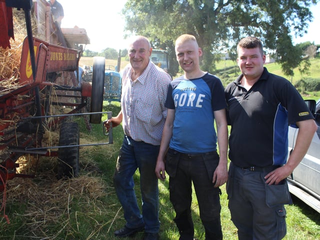 The threshing day at Ballydown last Saturday was an outstanding success. It was held at Ernest Mathers' land with proceeds going to Macmillan nurses. Thanks to all who came along and helped to raise  £1,111. Pictured (from left) Ernest Mathers, Damien McCartan and Matthew Kinley