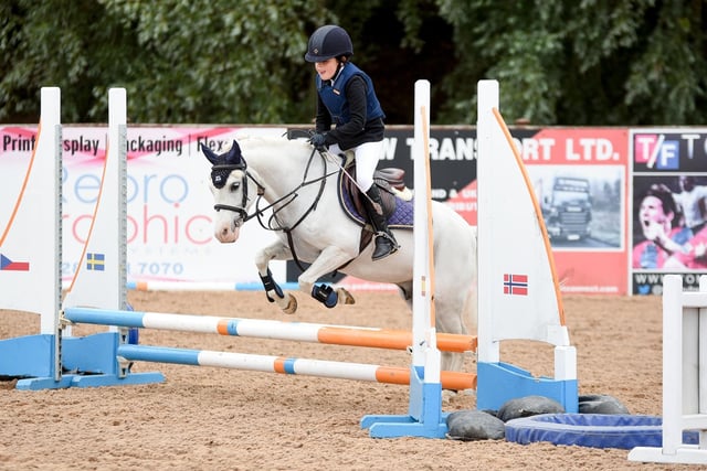 Megan Burns riding Magical Merlin, clear in the 128 50cm