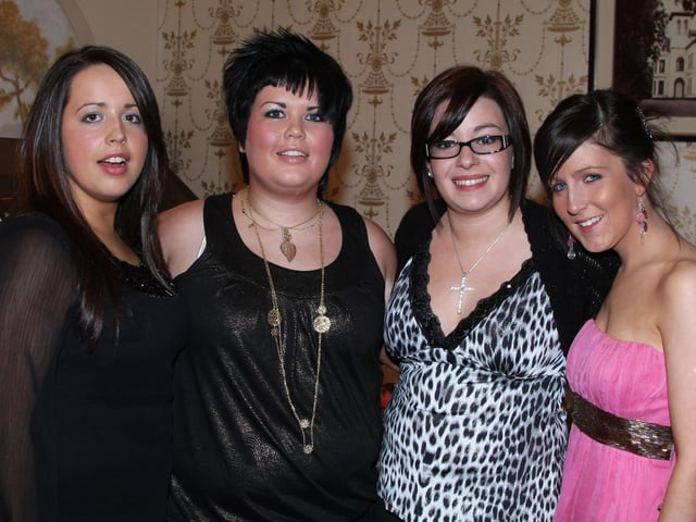 Emma McIlveen, Laura Dunlop, Lyndsey Montgomery and Sarah Herbinson who attended the Kells and Connor Young Farmers' Club annual dinner in the Tullyglass House Hotel.