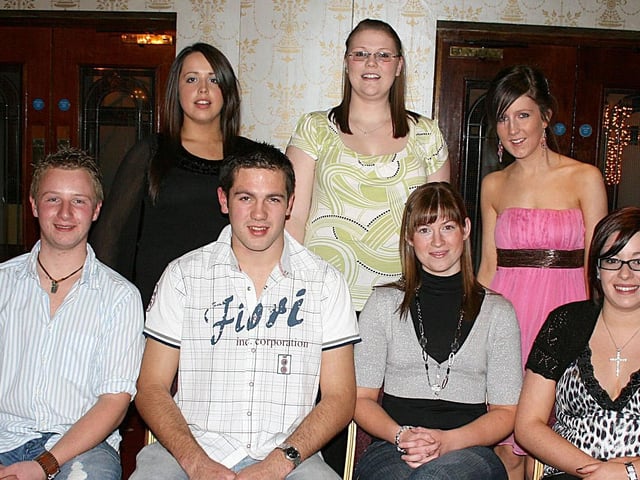 Peter Allen, club leader, with, Emma McIlveen, Gemma Young, Sarah Harbinson, Ryan Montgomery, Patricia Crockard and Lindsey Montgomery, members of the Kells and Connor Young Farmers' Club committee at their annual dinner in the Tullyglass house hotel in 2007. Picture: Kevin McAuley