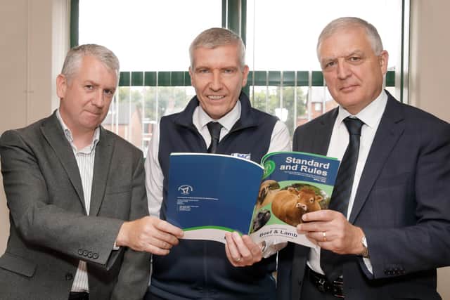 Conall Donnelly (NIMEA), Ian Stevenson (LMC) and William Irvine (UFU) at the launch of new standards for the Livestock and Meat Commission's Farm Quality Assurance Scheme. Picture: Cliff Donaldson
