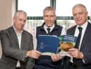 Conall Donnelly (NIMEA), Ian Stevenson (LMC) and William Irvine (UFU) at the launch of new standards for the Livestock and Meat Commission's Farm Quality Assurance Scheme. Picture: Cliff Donaldson