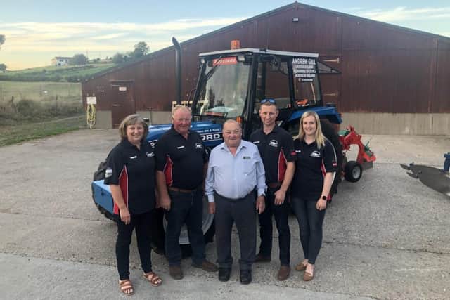 Listooder ploughman, Andrew Gill (second right) pictured ahead of the World Ploughing Championships in Co Laois this week, along with (from right), Fiona (mum), William (dad), Martin (grandfather and Listooder chairman) and fiancée Ashleigh Coyle.