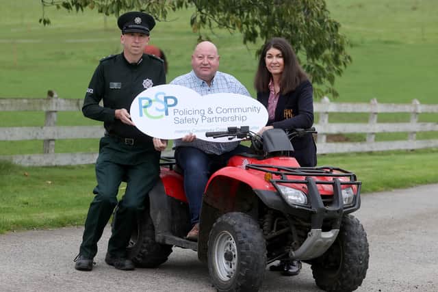 Inspector Bjorn O’Brien, PCSP Chairperson Alderman Adrian McQuillan and Pauline Nelmes from Trackkit Ltd.