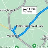A map showing the new location, travelling from Gosford Forest Park