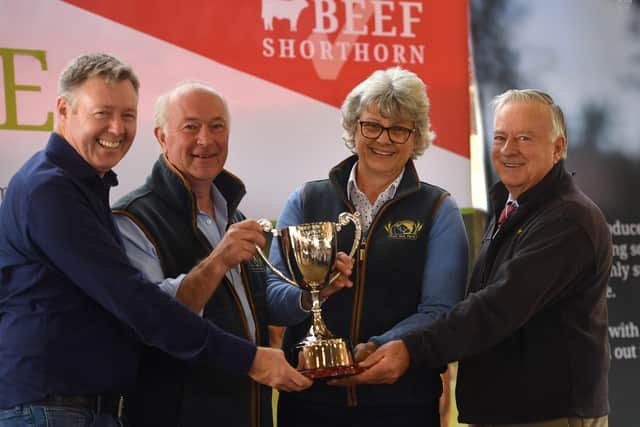 The trophy presentation to Charles and Sally Horrell, by judge George Somerville and sponsor Tommy Staunton.