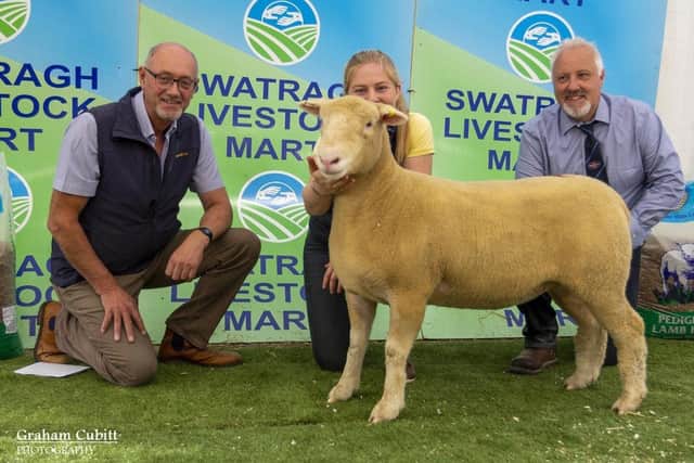 Ellen McClure pictured with reserve overall champion alongside Sam Ritchie (Strabane Mills) and judge Trevor Knox