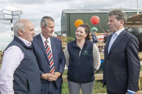 Brian and Norma Rohan, founders of Embrace Farm on the popular Teagasc stand during the National Ploughing Championship with Edwin Poots, NI Agriculture Minister, and Liam Herlihy, Waterford dairy farmer, Glanbia (now TirLán) milk supplier and chairman of the Board of Teagasc.