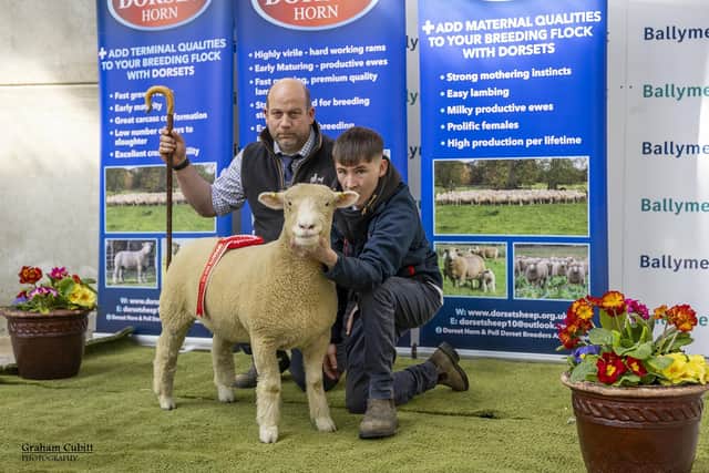 Judge Jeremy Durrant (left) and Raymond Hill (right) with Lot 4, the class-winning ewe lamb and Opposite Sex to the Champion winner.