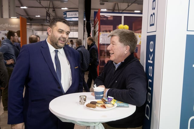 Denis Hunter from Danske Bank chats with Ian McCluggage at the Danske Bank stand during RUAS Winter Fair. (Pic: MCAULEY_MULTIMEDIA)
