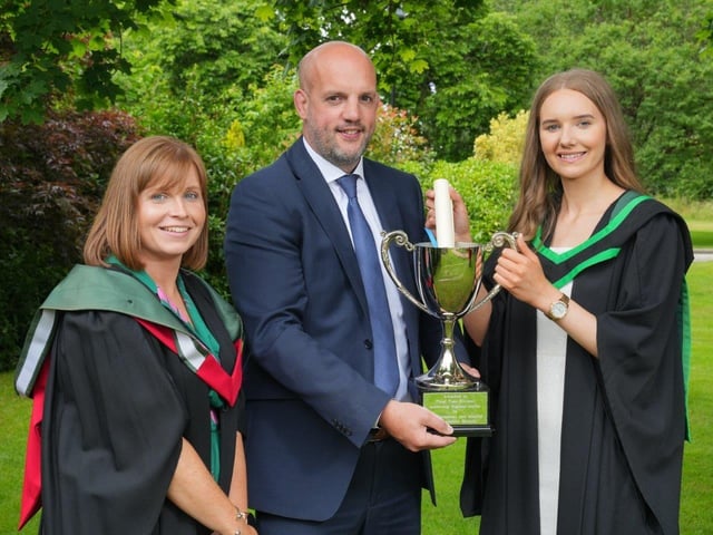 Kirsty McIlmoyle (Rasharkin) graduated from Loughry Campus with a First-Class Honours Degree in Food Innovation and Nutrition. Kirsty was presented with the ABP Food Group UK Cup to recognise her achievement of attaining the highest marks in the Environmental and Quality Management module. Kirsty received her award from Gareth Weir (Head of Technical and Sustainability, ABP) and was congratulated by Adele Dallas (Lecturer, Loughry Campus, CAFRE). Pic: CAFRE
