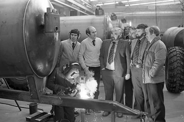 Slurry tanker designed and manufactured by a small Co Londonderry engineering firm were cleaning up in the highly competitive United Kingdom market reported the News Letter in March 1983. Magherafelt firm S H Watterson Engineering were also making an impact on export markets, especially in the Middle East. Bertie Watterson, the owner of the firm, is seen showing a group of Welsh agricultural equipment dealers a Star slurry tank being made at the Magherafelt premises. Picture: News Letter archives