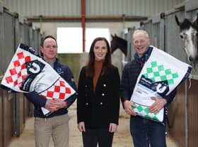 Pictured (left to right) is Stuart Crawford, racehorse trainer sponsored by Bluegrass Horse Feed, Kathryn Holland, commercial manager at Down Royal and John Rymer, sales and marketing Consultant at Bluegrass Horse Feed