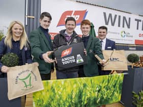 Frank Hanna and Edward McKay are pictured here receiving their prizes at ABP’s stand at Balmoral Show with from left Linda Surphlis, LMC; William Delaney of Certified Irish Angus and Stuart Cromie of ABP.