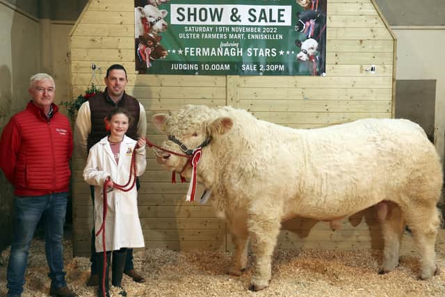 Emily Bothwell, with her Continental Champion at Fermanagh Breeders Show and Sale. Also included are from left, Bartley Finnegan, Elite Pedigree Genetics and Paul Kingham, Judge.