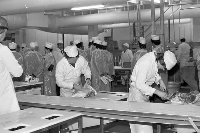 In November 1982 a new £2¼ million pork and bacon factory had been opened by Lovell and Christmas (Ulster) Ltd at Ballylummin, Ahoghill. Farming Life reported that it was one of the most modern factories in Europe. Pictured are workers busy in one of the bacon sections of the modern factory. Picture: Farming Life archives/Darryl Armitage