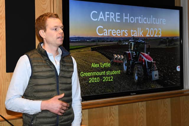 Mr Alex Lyttle of AJL Produce Ltd speaking at the CAFRE Horticulture Careers Event 2023.
