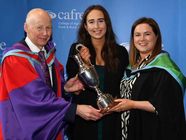 Abbie Gillanders (Dungannon) was awarded with the Dairy UK (Northern Ireland) Perpetual Cup at the Loughry Campus Further Education Awards Ceremony. Abbie received the award for the best performance in Dairy related subjects from Dr Eric Long (Head of Education Service, CAFRE) and Judith Oliver (Lecturer, CAFRE). Abbie intends to continue her studies at CAFRE having applied for the BSc (Hons) Degree in Food Innovation Management at Loughry Campus. (Pic: CAFRE)
