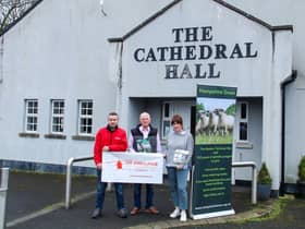 Pictured launching the event at Dromore Cathedral Hall are Peter Branker (Air Ambulance Northern Ireland), Trevor Todd (Hampshire Down Lamb Group lead) and Vicky McFadden (NI Hampshire Down Breeders' Association secretary).