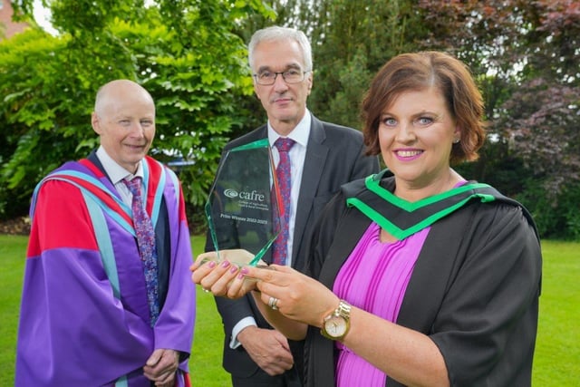 Sharon West (Newtownhamilton) was awarded the Department of Agriculture, Environment and Rural Affairs Prize for achieving the highest marks in the final year of the BSc (Hons) Degree in Food Technology. Sharon graduated with a First-Class Honours Degree from Loughry Campus and was congratulated by Dr Eric Long (Head of Education, CAFRE) and Norman Fulton (Head of Food and Farming Group, DAERA). Pic: CAFRE