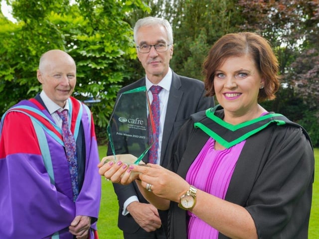 Sharon West (Newtownhamilton) was awarded the Department of Agriculture, Environment and Rural Affairs Prize for achieving the highest marks in the final year of the BSc (Hons) Degree in Food Technology. Sharon graduated with a First-Class Honours Degree from Loughry Campus and was congratulated by Dr Eric Long (Head of Education, CAFRE) and Norman Fulton (Head of Food and Farming Group, DAERA). Pic: CAFRE