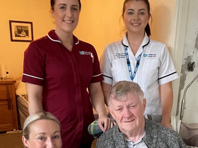 Staff from the Community Stroke Team with Hugh - Community Stroke Nurse, Jacqueline Quinn, Occupational Therapist, Niamh Shine and Physiotherapist, Laura Steenson