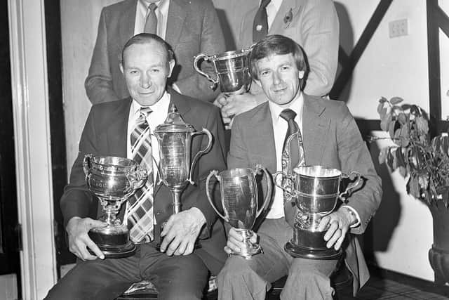 Pictured in November 1980 at the Ulster Ram Breeders Association annual dinner and prize distribution which was held at Ballymena, pictured are some of the prizewinners with their trophies, included are Eric Wright, Robert Mulligan, Joseph Aicken and James Aicken. Picture: Farming Life archives/Darryl Armitage