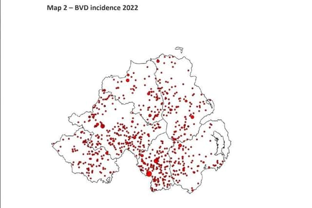 BVD incidence 2022. Each dot represents one herd and the size of dot represents the number of positives disclosed in the herd during the year.