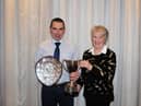 George Knox being presented his Border Leicester Trophies from Isabel Dick