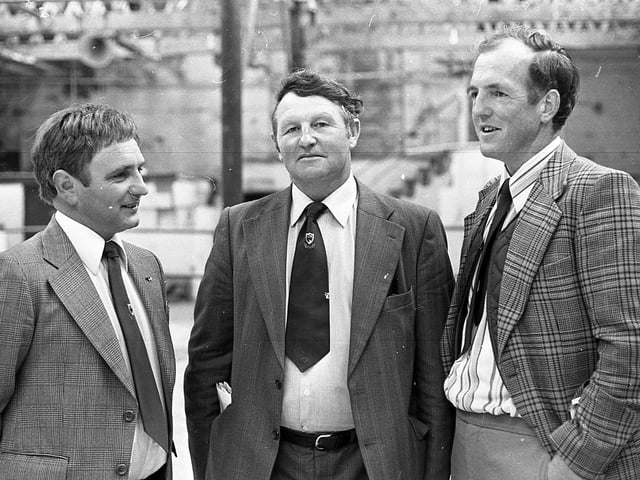 Robert Gray from Craigantlet, who judged the Friesians at Banbridge in September 1981. He is pictured with Aubrey Patterson, Ballycrochan, Bangor, president of the NI Friesian Breeders Club, and Joe Caddoo from Millisle. Picture: Farming Life/News Letter archives