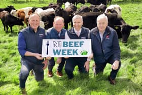 Banbridge beef farmer Brian Cromie; Gerry Mellotte, ABP Procurement; UFU beef and lamb chair, Pat McKay; and LMC chief executive Ian Stevenson at the launch of Northern Ireland Beef Week. Picture: Cliff Donaldson