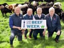 Banbridge beef farmer Brian Cromie; Gerry Mellotte, ABP Procurement; UFU beef and lamb chair, Pat McKay; and LMC chief executive Ian Stevenson at the launch of Northern Ireland Beef Week. Picture: Cliff Donaldson