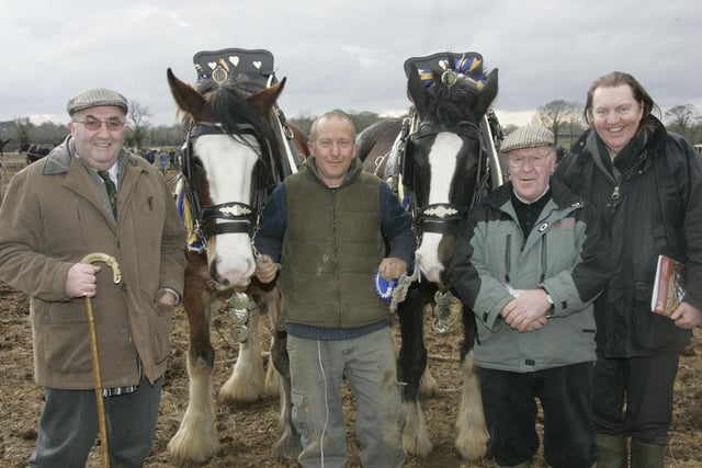 Mick Puxty, second in best brass, with Brian King, judge, Roy Prescot, judge ,Cliff Kells, Tesco, at the Mullahead Ploughing match. Picture: Steven McAuley/Kevin McAuley Photography Multimedia