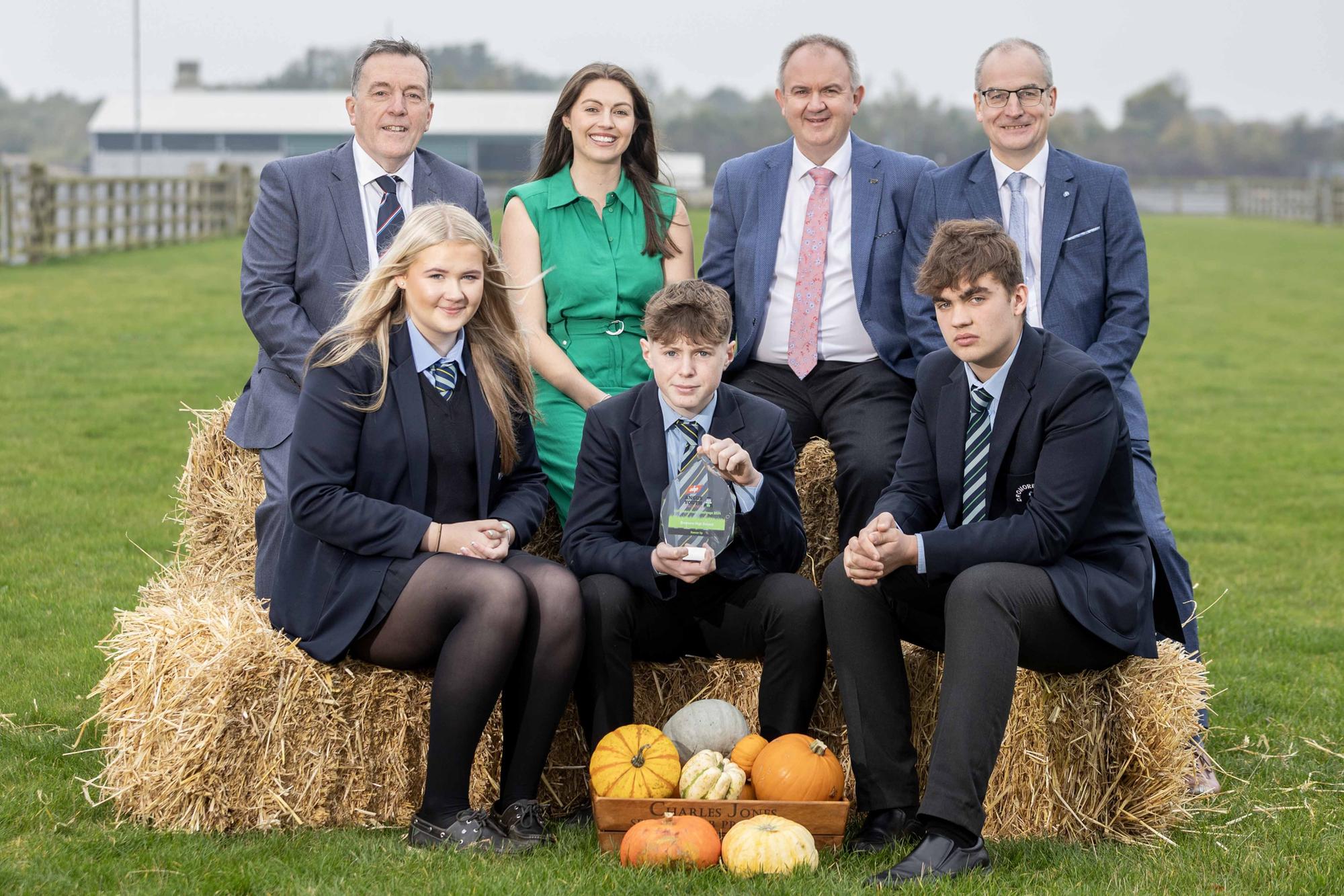 Runners up 2024 ABP Angus Youth Challenge were the team from Dromore High School who are, from left, Caitlyn Patterson; Quinn McCracken and James Menet. With them back left are George Mullan Managing Director of ABP in Northern Ireland; Claire Taylor Event MC; Charles Smith General Manager Certified Irish Angus and Martin McKendry Acting Head of Farming at DAERA who was special guest at the event.
