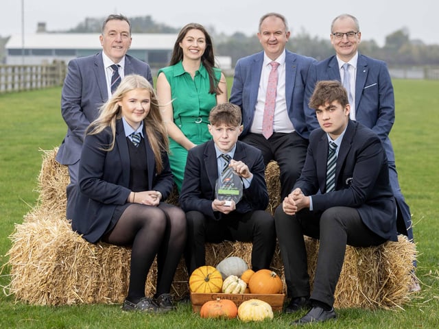 Runners up 2024 ABP Angus Youth Challenge were the team from Dromore High School who are, from left, Caitlyn Patterson; Quinn McCracken and James Menet. With them back left are George Mullan Managing Director of ABP in Northern Ireland; Claire Taylor Event MC; Charles Smith General Manager Certified Irish Angus and Martin McKendry Acting Head of Farming at DAERA who was special guest at the event.