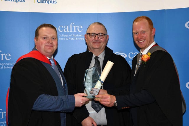 William Fletcher (Ballynahinch) received the Department of Agriculture, Environment and Rural Affairs Prize awarded to the top Level 3 Work-based Diploma Landscape Management Horticulture student. William is congratulated by Martin McKendry (CAFRE Director) and Adam Ferguson (Senior Lecturer, CAFRE). Pic: CAFRE