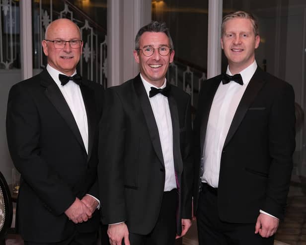 Andrew Muir MLA, centre, Minister of Agriculture, Environment and Rural Affairs pictured with David Garrett, left, interim CEO NIGTA and Gary McIntyre, President NIGTA at the 'Grain Trade Annual Dinner. Photograph: Columba O'Hare/ Newry.ie